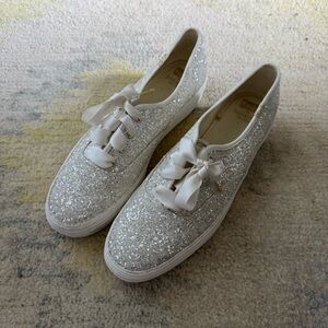 Keds x Kate Spade | Silver Glitter Platform Sneakers Ribbon Laces Sz 9.5